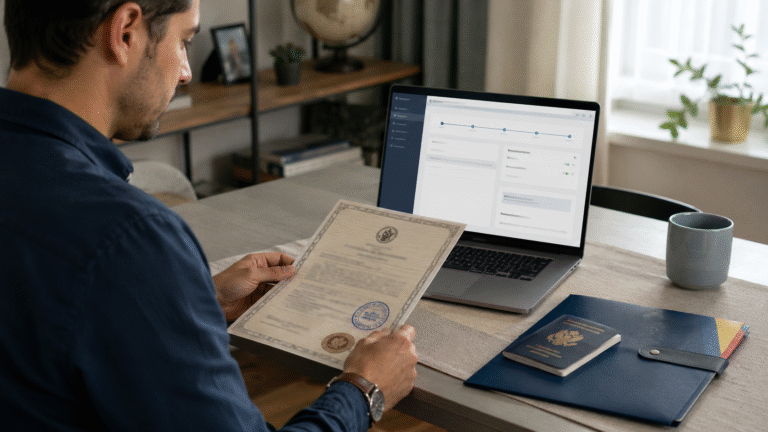 Persona revisando en línea la apostilla de una partida de nacimiento venezolana para un trámite migratorio. Persona revisando en línea la apostilla de una partida de nacimiento venezolana para un trámite migratorio.